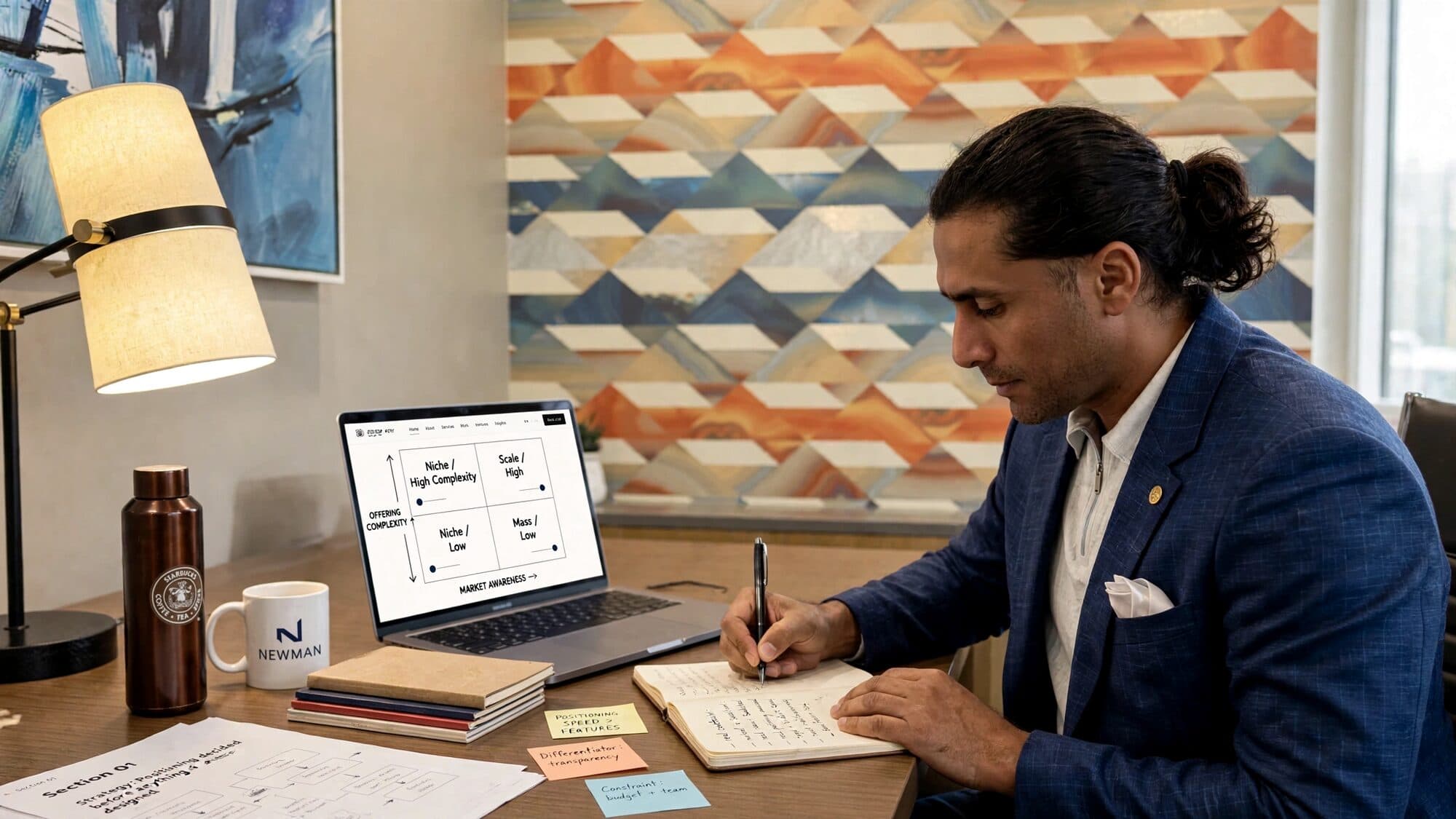 A positioning matrix on a laptop screen beside a handwritten notebook and strategy notes.