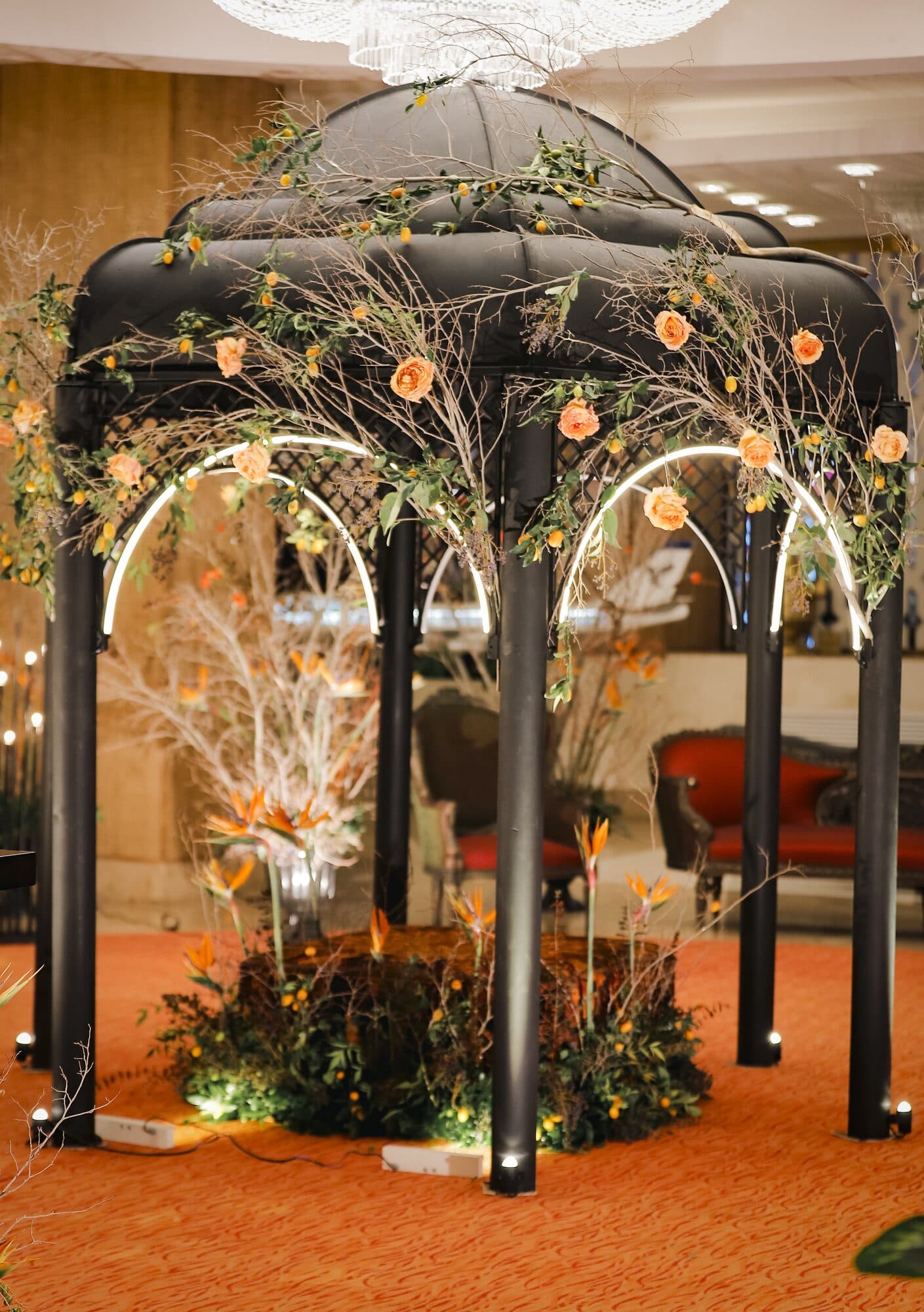 A full recreation of the tomb of Hafez, built in the lobby of the Homa 1 Hotel, Mashhad, dressed with roses and bare branches