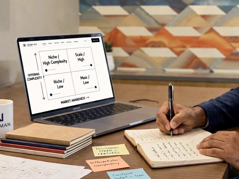 A positioning matrix on a laptop screen beside a handwritten notebook and strategy notes.
