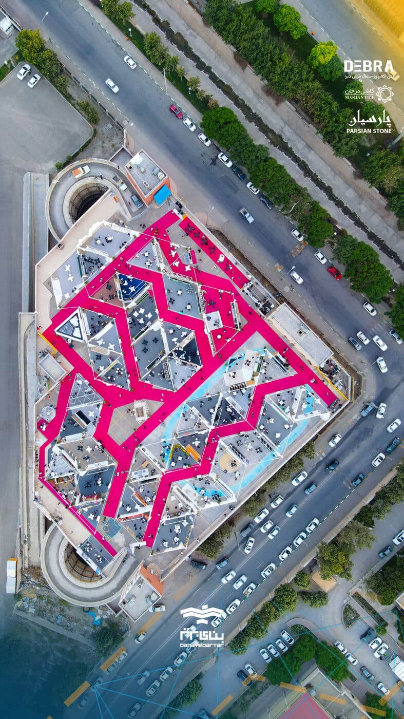 The edition seen from above, its route drawn across the roof in magenta — WINDOW SCENE, Mashhad 2023